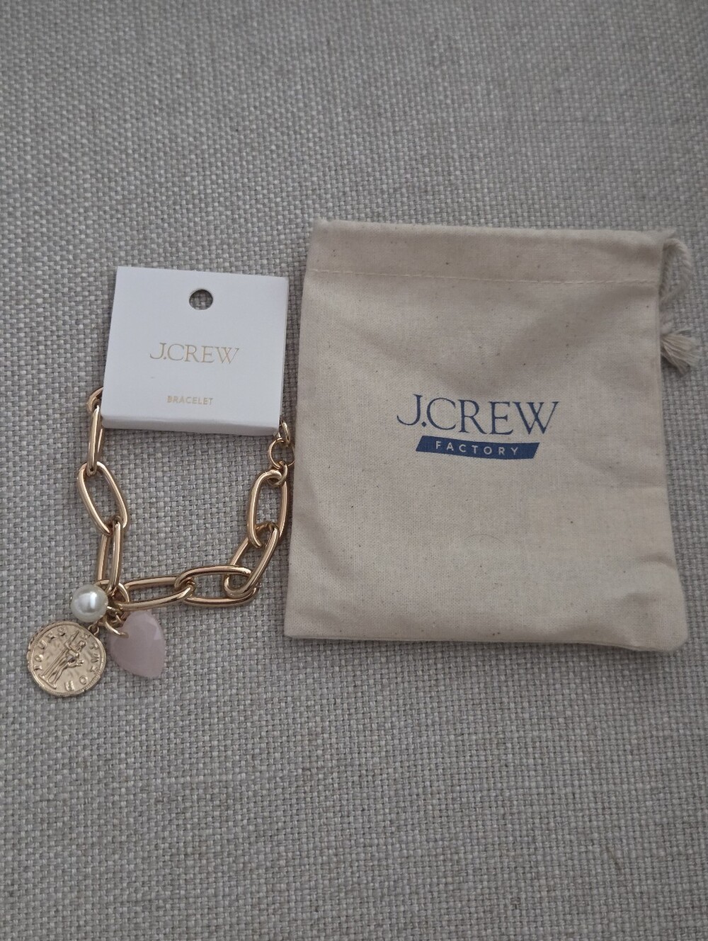 J. Crew Gold Link Bracelet with Pink Charm and Pearl